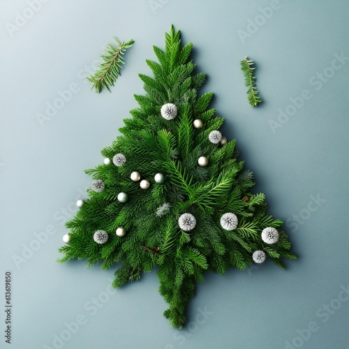 Negative space Christmas tree concept. Creative winter layout made with evergreen tree branches. Flat lay.