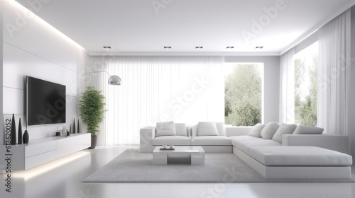 Interior of modern white living room rendering, Bright color. Generative Ai © hassanmim2021