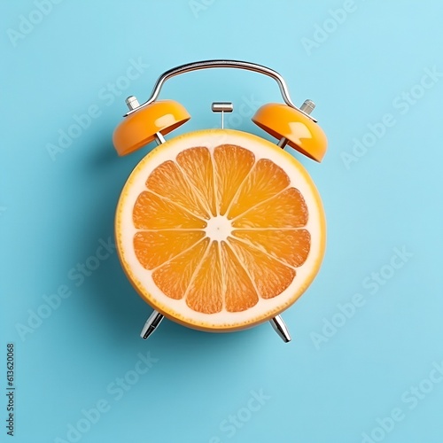 Creative idea layout fresh orange slice alarm clock on pastel blue background. minimal idea business concept. fruit idea creative to produce work within an advertising marketing communications