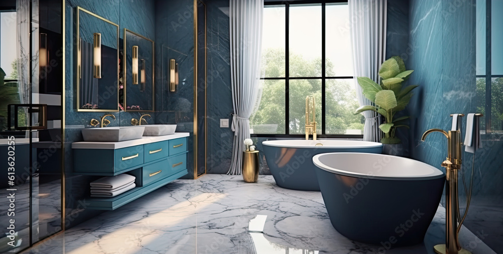 A luxurious bathroom with marble accents and sleek modern design. The room features a freestanding bathtub and a glass-enclosed shower. The walls are painted blue color, with metallic. Generative ai. A luxurious bathroom with marble accents and sleek modern design. The room features a freestanding bathtub and a glass-enclosed shower. The walls are painted blue color, with metallic. Generative ai.