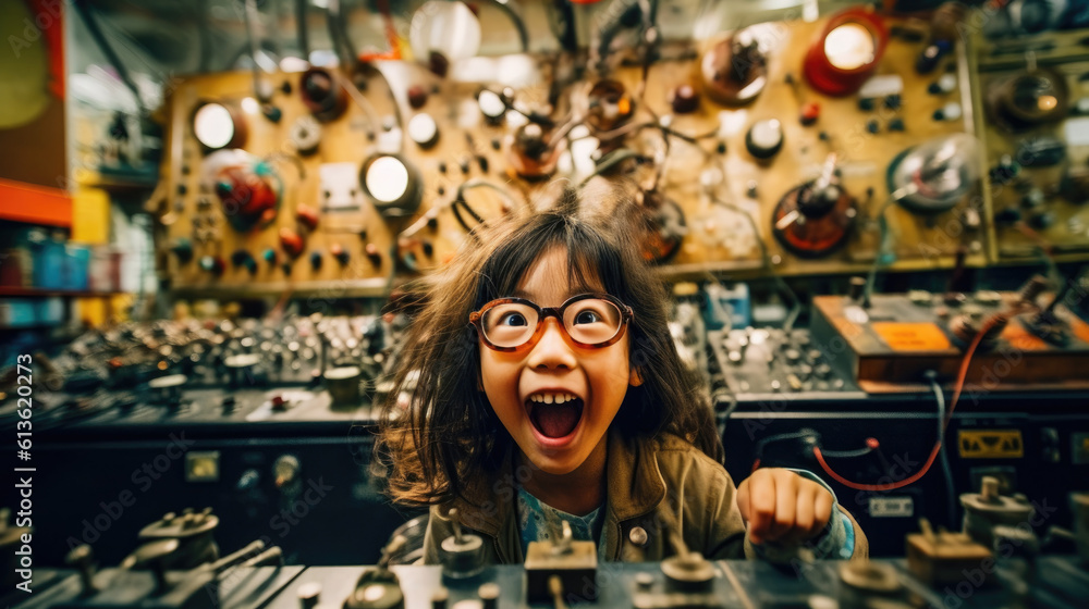 Mały naukowiec, dziewczynka krzyczy podczas wynalazków - obrazy, fototapety, plakaty 