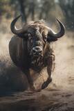 Majestic buffalo in Action on natural habitat. Wildelife Photography concept . AI Generative
