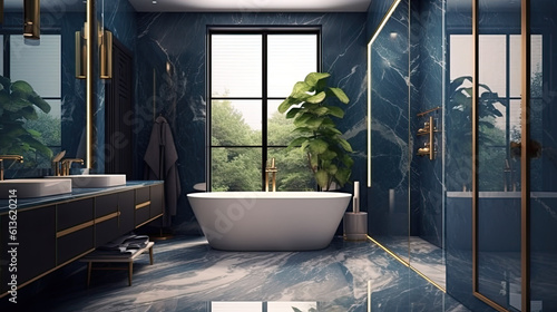 A luxurious bathroom with marble accents and sleek modern design. The room features a freestanding bathtub and a glass-enclosed shower. The walls are painted blue color  with metallic. Generative ai.