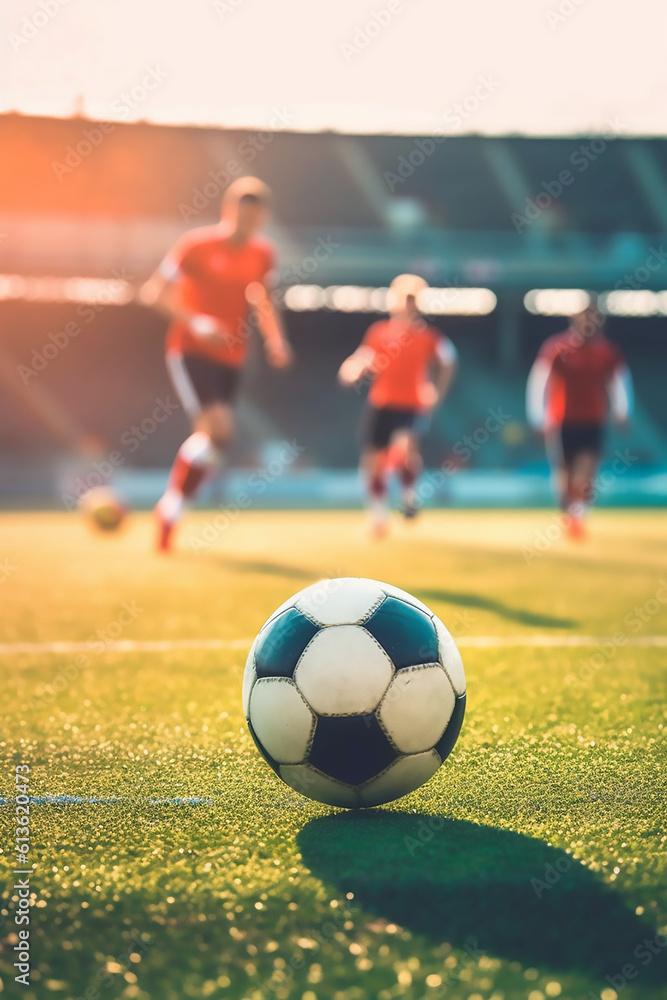 Fototapeta premium Soccer football ball kick at stadium training or game. Generative AI