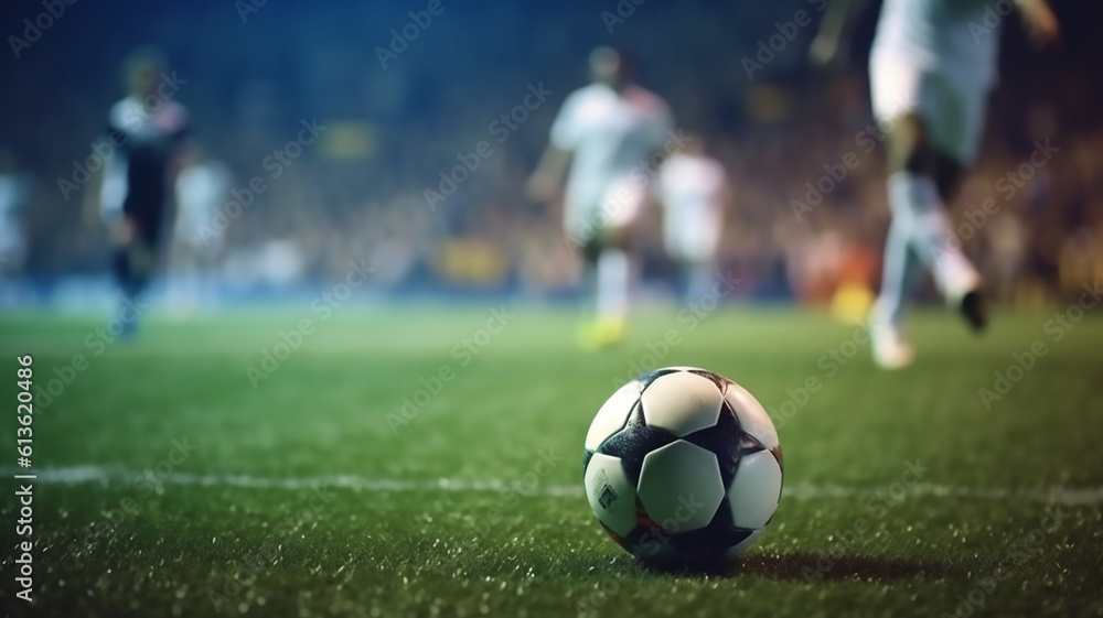 Soccer football ball kick at stadium training or game. Generative AI