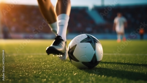 Soccer football ball kick at stadium training or game. Generative AI © Miljan Živković