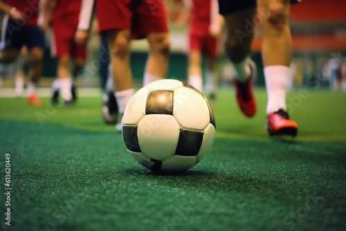 Soccer football ball kick at stadium training or game. Generative AI