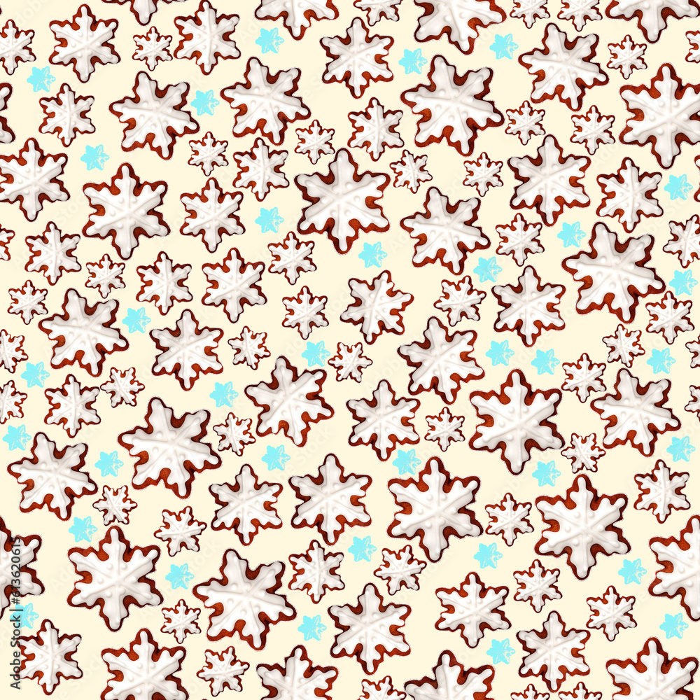 Gingerbread snowflakes.Seamless pattern with gingerbread cookies in the form of snowflakes, on a pastel background Gingerbread snowflakes.Seamless pattern with gingerbread cookies in the form of snowflakes, on a pastel background