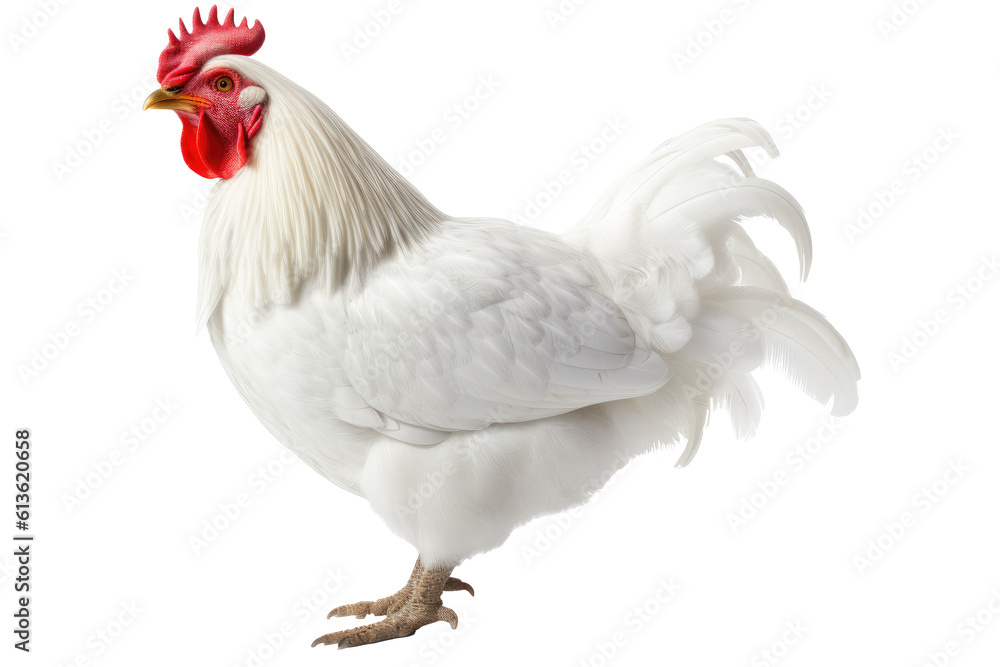 Side view of female white chicken with transparent background isolated (Generative AI, Generativ, KI)