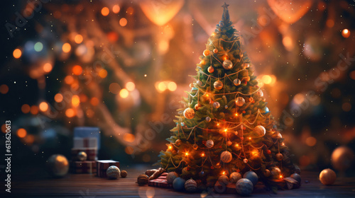 Weihnachtskugeln, Baum mit Freiraum. Hintergrund, Weihnachtskarte Generative AI