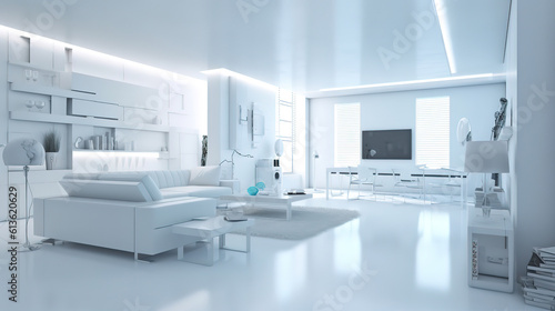 Modern weiss apartment panorama 3d render, Bright color. Generative Ai © hassanmim2021