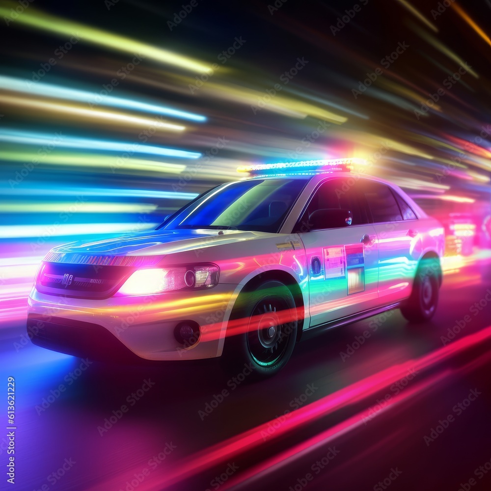 illustration of a police car with neon lights cyberpunk style