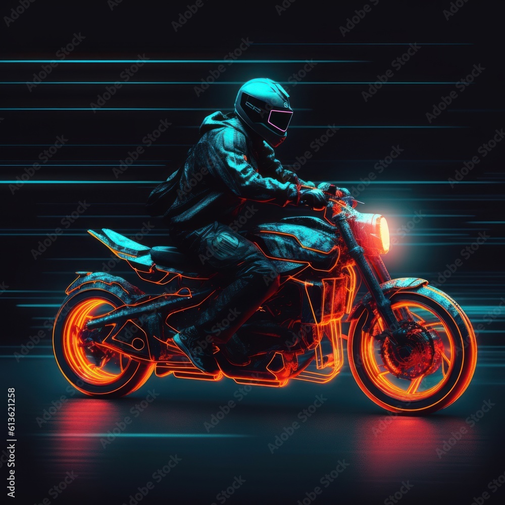 illustration of a rider with neon lights cyberpunk style