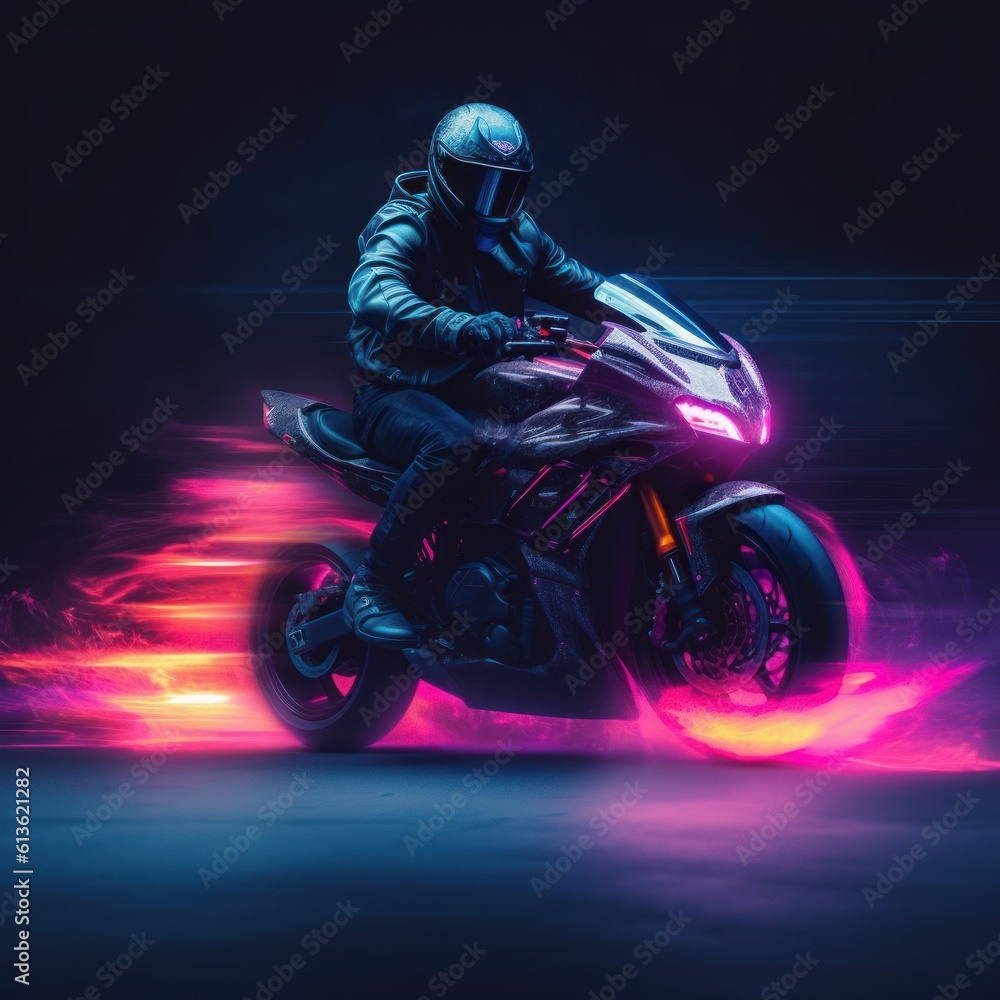 illustration of a rider with neon lights cyberpunk style