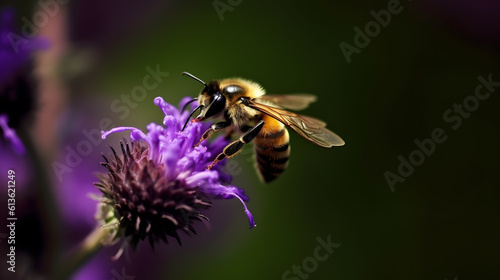 A bee landing on a purple flower to collect pollen, close up