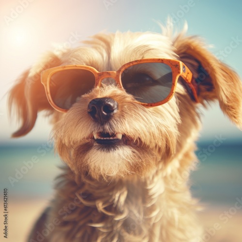 funny dog with sunglasses on the beach in summer. summer concept © jechm