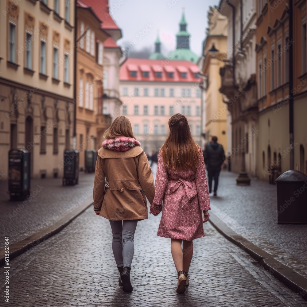 two lesbian girls walking through prague hand in hand
