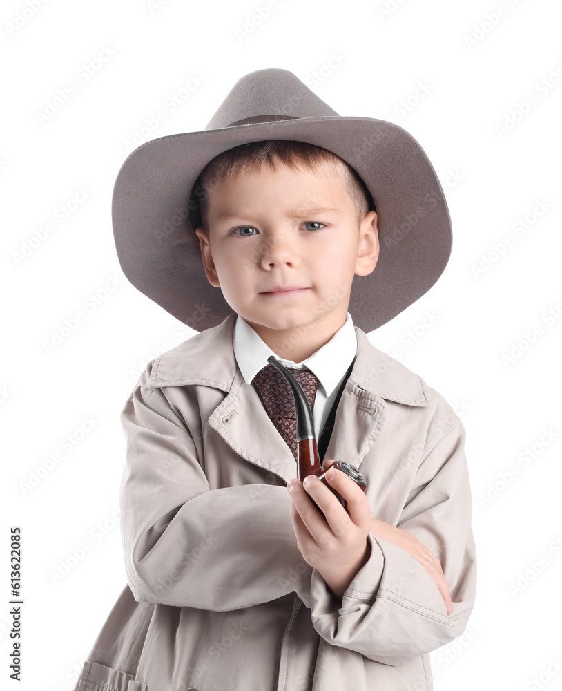Cute little detective with smoking pipe on white background Cute little detective with smoking pipe on white background
