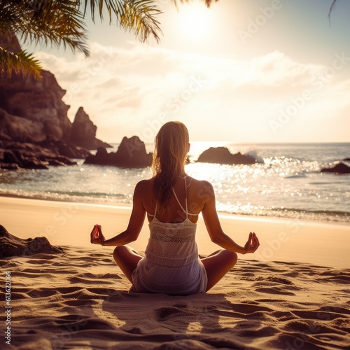 young woman doing yoga on the beach at sunset