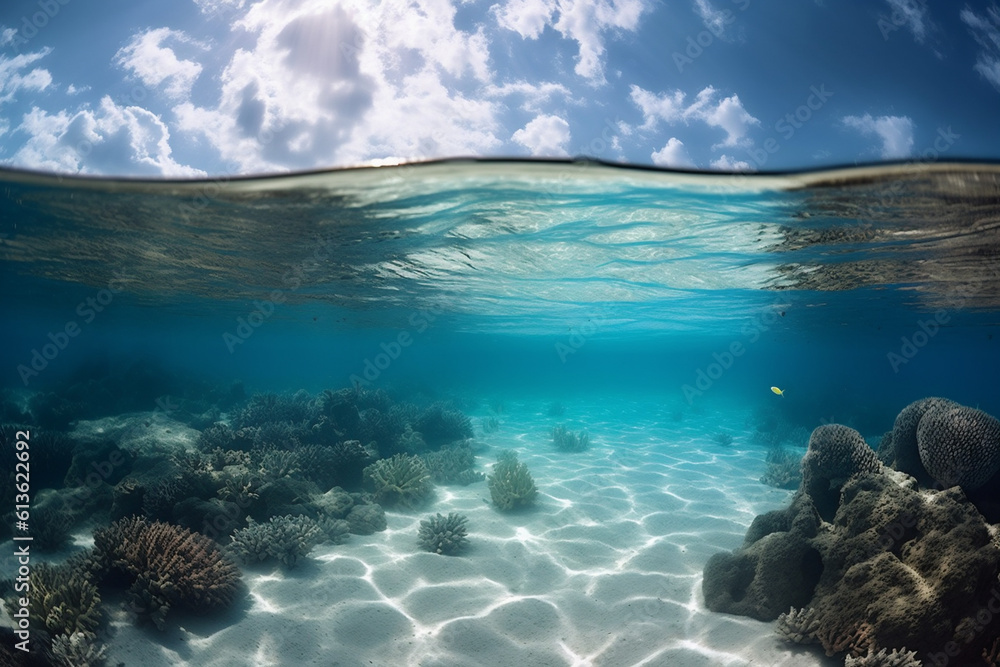 Fototapeta premium Abstract diving clean underwater background on the maldives islands with bokeh. AI Generative