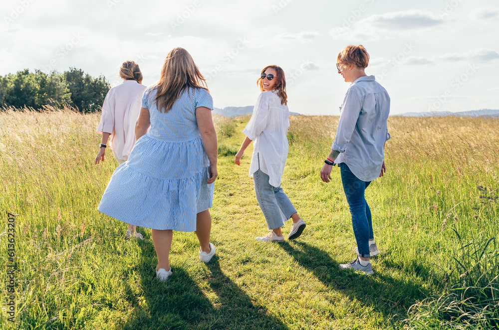 Four cheerful smiling women walking by the high green grass meadow hill, laughing and chatting with each other during a sunset walk. Woman's friendship, relations, and happiness concept image. Four cheerful smiling women walking by the high green grass meadow hill, laughing and chatting with each other during a sunset walk. Woman's friendship, relations, and happiness concept image.