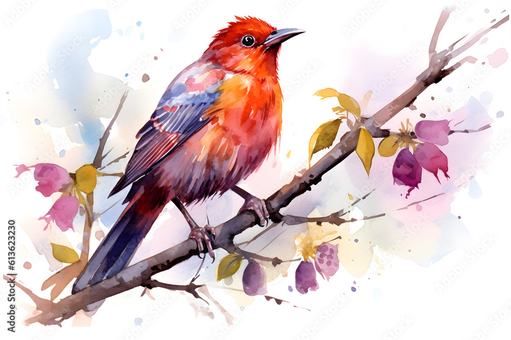 Small bird perching on a branch with colorful leaves, watercolor