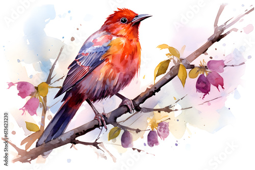 Small bird perching on a branch with colorful leaves, watercolor © Tangible Divinity