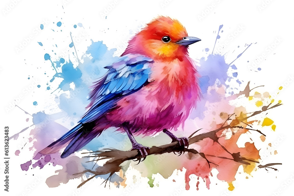 Watercolor style colorful bird perching on a branch, white background