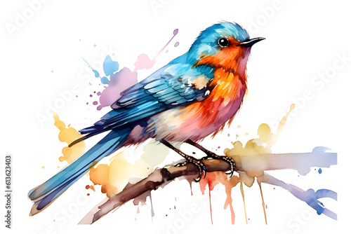 Small cute bird perching on a branch, watercolor style © Tangible Divinity