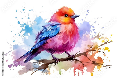Watercolor style colorful bird perching on a branch, white background © Tangible Divinity