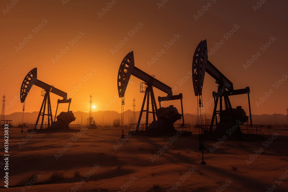 Silhouette of oil pumps at sunset. Pumping oil from drilling rigs. The concept of the energy crisis in the world. Oil production and fossil resources. Created with Generative AI