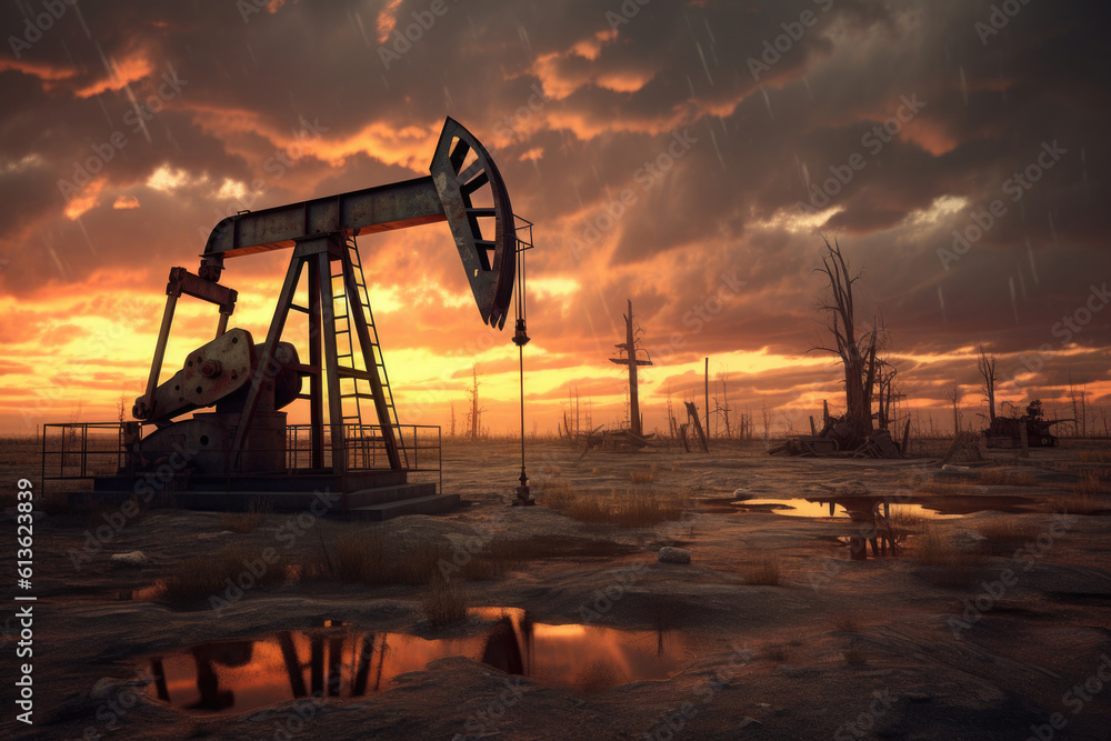 Silhouette of oil pumps at sunset. Pumping oil from drilling rigs. The concept of the energy crisis in the world. Oil production and fossil resources. Created with Generative AI Silhouette of oil pumps at sunset. Pumping oil from drilling rigs. The concept of the energy crisis in the world. Oil production and fossil resources. Created with Generative AI