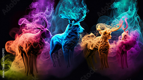 Animals Made of Smoke, Smoke Art, Colorful Design with Black Background, Generative AI