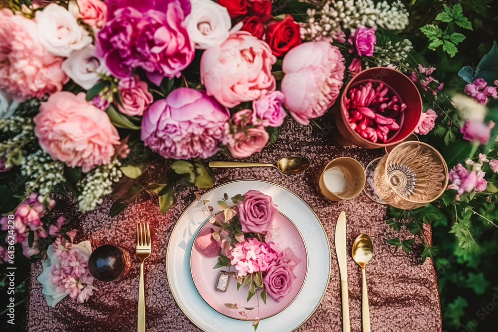 Holiday tablescape, formal dinner table setting, pink peony table scape with peonies decoration for wedding party and event celebration, generative ai Holiday tablescape, formal dinner table setting, pink peony table scape with peonies decoration for wedding party and event celebration, generative ai