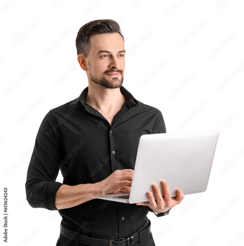 Handsome businessman working with laptop on white background Handsome businessman working with laptop on white background