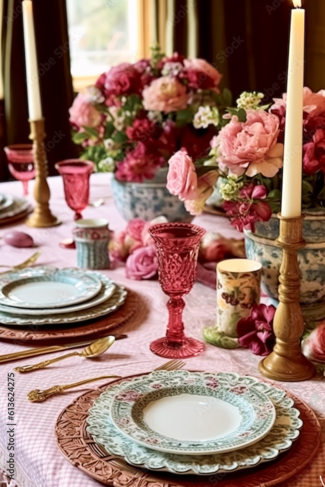Romantic holiday tablescape, formal dinner table setting, table scape with pink country style decoration for wedding and event celebration, generative ai