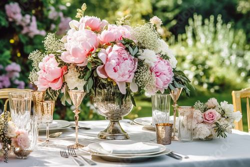 Fototapeta Naklejka Na Ścianę i Meble -  Holiday tablescape, formal dinner table setting, peony flowers table scape with peonies decoration for wedding party and event celebration, generative ai