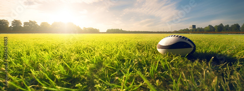 Rugby ball at green grass at sunny day, illustration, banner with copy space. 