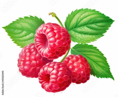 Raspberry with leaves. Raspberry isolated on white background. created with Generative AI technology.