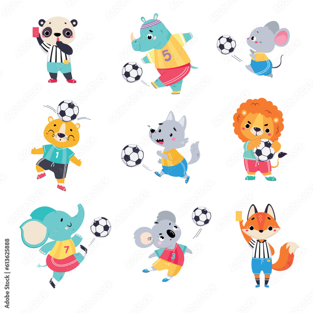 Funny Animal Characters Playing Football Wearing Uniform Passing Ball Vector Set Funny Animal Characters Playing Football Wearing Uniform Passing Ball Vector Set