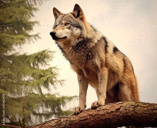 Portrait of a gray wolf angry in the forest