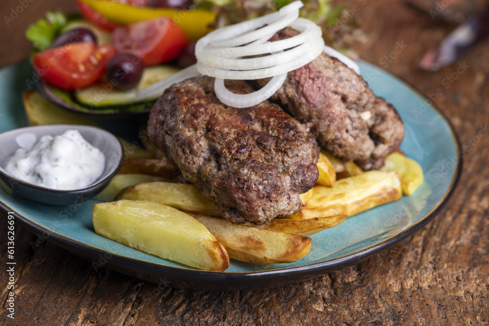 greek bifteki with salad and fries greek bifteki with salad and fries