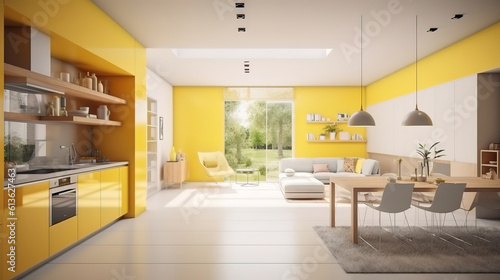 3d render of modern home interior, living and dining room. Generative Ai