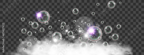 Air bubbles on a transparent background. Soap foam vector illustration.
