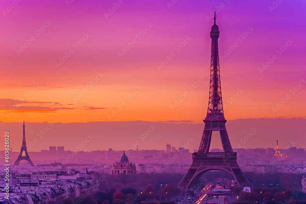 Obraz premium Eifeltower Sunrise Purple Orange Sky ,eiffel tower at sunset