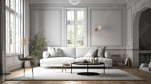 Interior of living room with white sofa 3d rendering. Generative Ai