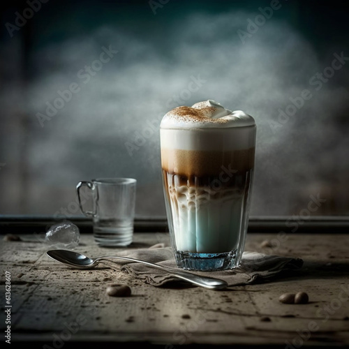 latte with milk foam in a rustic tall glass ai generation