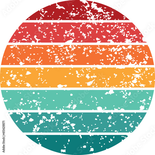 Grunge retro sunset striped circle background. Vector illustration in vintage 70s style 
