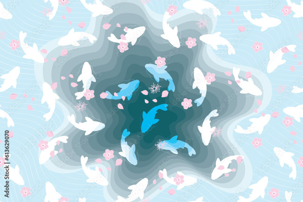 Illustration abstract of blue pool and fish with flower on water surface background.
