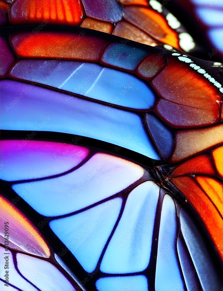 Multicolored butterfly wings, macro, close-up, blue, orange, yellow, purple.